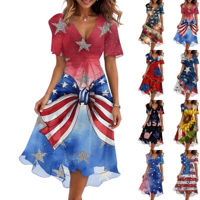 Vestido casual feminino fashion com decote V, manga curta, estampado para o Dia da Independência
