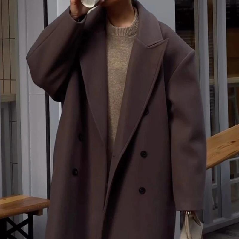 Brown Lapel Woolen Coat Synthetic Fabric Women's Double Breasted Long Sleeve Warm Coat Straight Tube Version Autumn and Winter