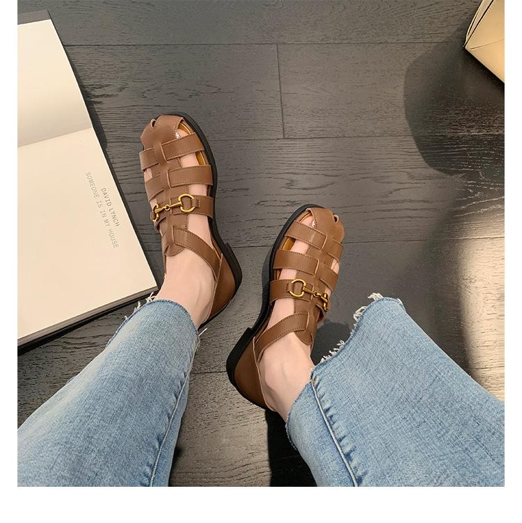 Leather Roman Sandals Women's Hollow 2025 Summer New Beach Shoes Woven Horse Buckle Retro One-word Buckle Cool Slippers