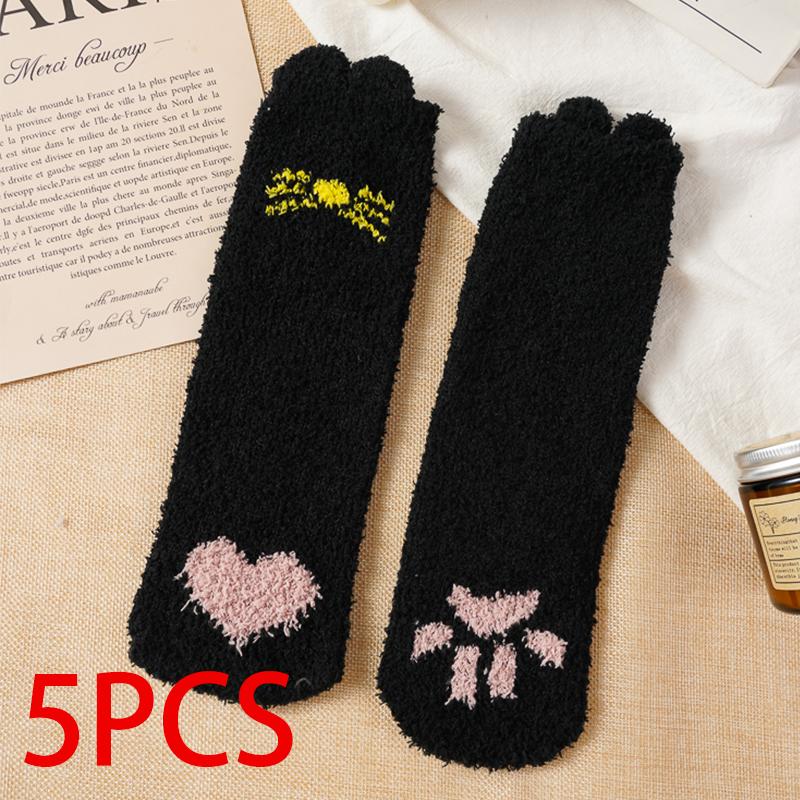 5 Pairs Autumn Winter Cartoon Cat Tube Socks Women Heart-shaped Coral Fleece Socks Cute Sweet Thick Soft Warm Home Sleep Sock
