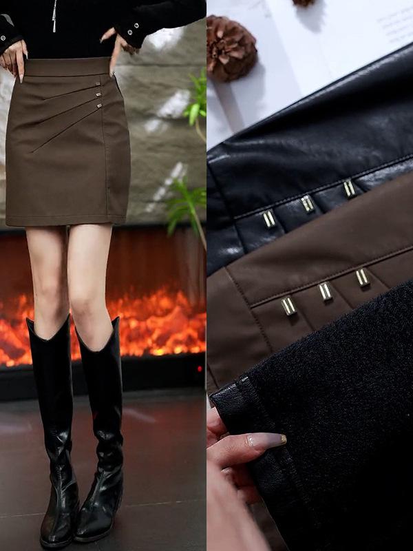 Women's Coffee PU Leather High-Waisted A-Line Mini Skirt - 2025 Autumn/Winter Collection