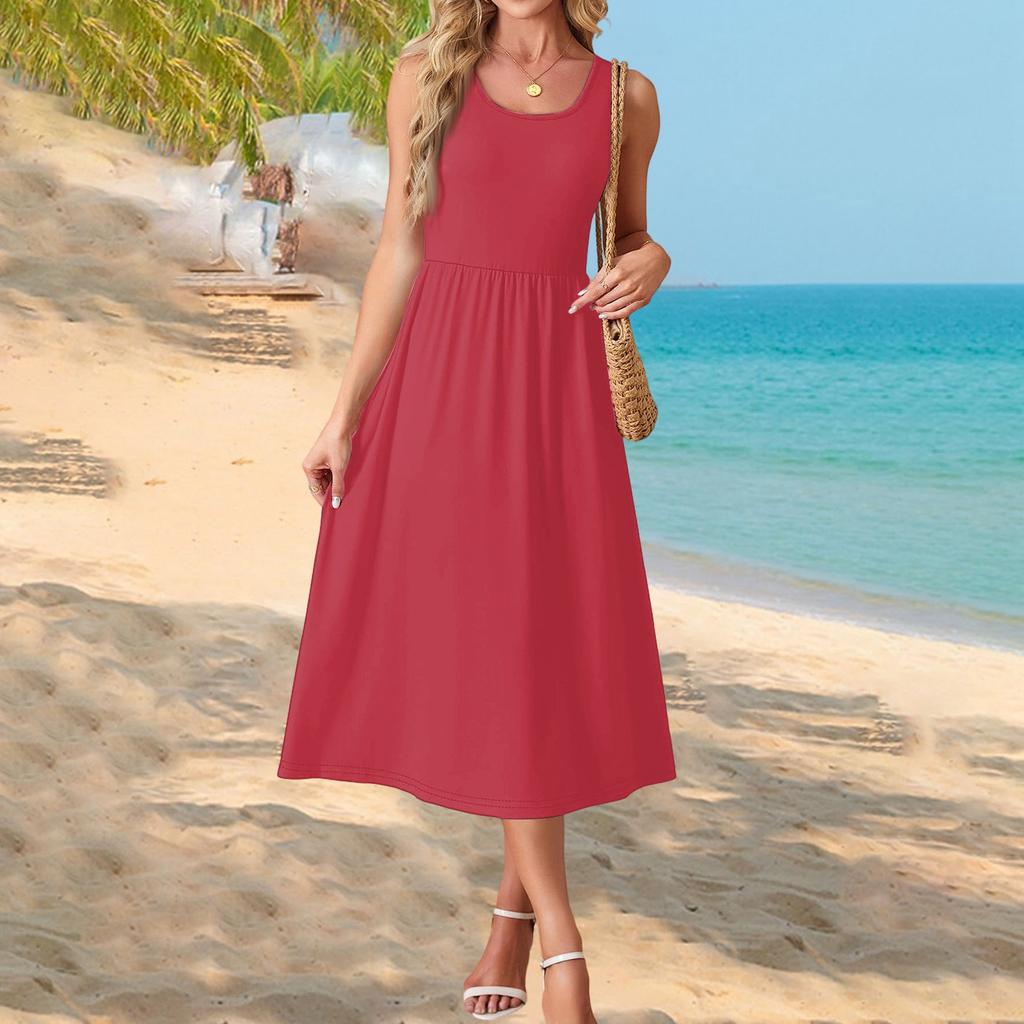 Sleeveless Crew Neck Maxi Dress with Pockets for Women Casual Loose Fit Solid A Line Long Sundress