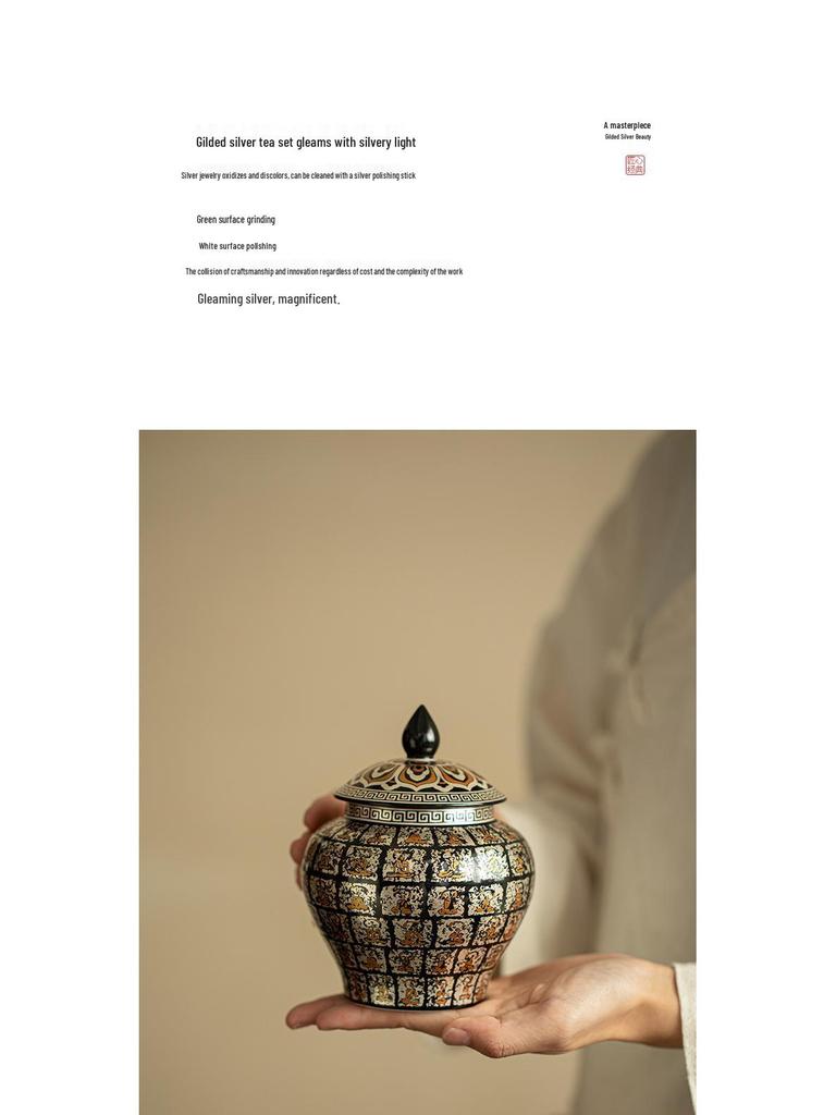 Ten Thousand Buddhas Gilded Silver Ceramic Tea Canister - Airtight Jar with Extra Large Capacity for Green, Black, and White Tea Storage.