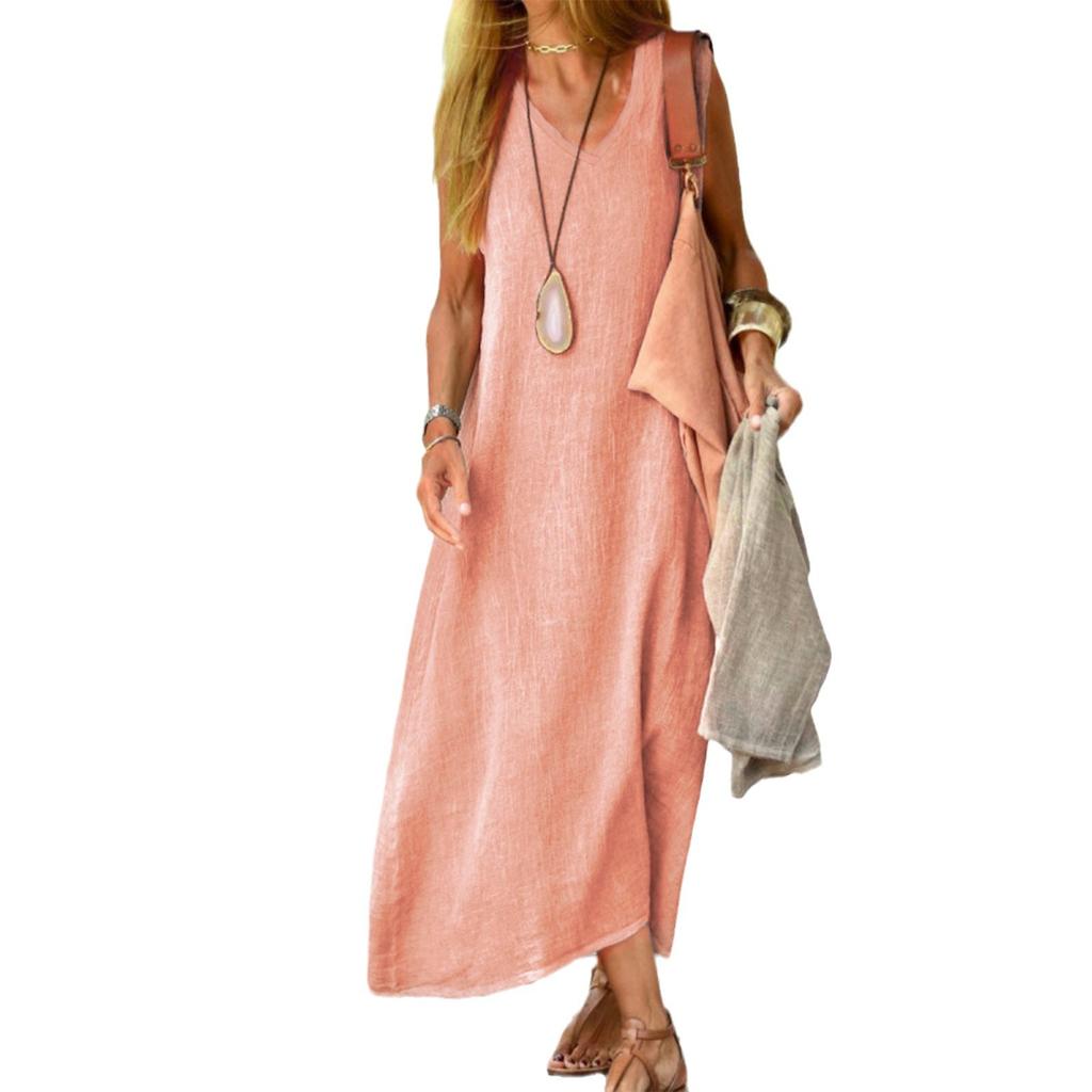 Women V Neck Pullover Cotton Linen Dresses Solid Color Loose Waist Dress Female Summer Daily Comfortable Casual Sleeveless Gown