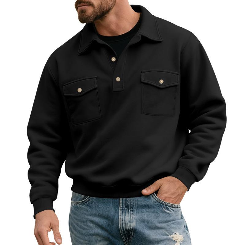 Heavy Retro Autumn Sweatshirt Men's Old Money Style Lapel Tough Guy POLO Workwear Motorcycle Long-sleeved Sweatshirt