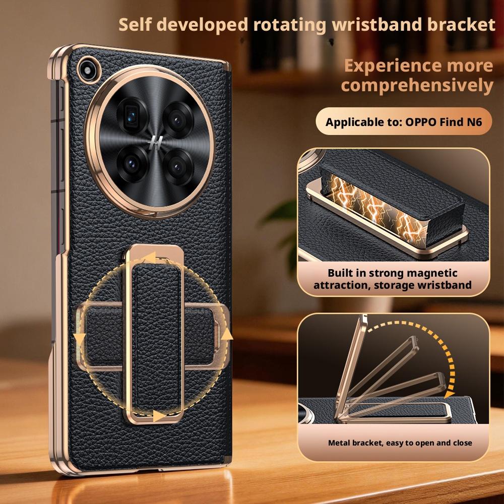 For Oppo Find N6 Case Genuine Leather Auto-Retracting Finger Grip Band Metal 270° Rotating Stand Dual Hinge Protection Cover