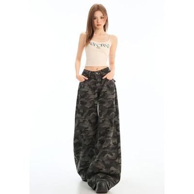 American High Street Tooling Wide-leg Denim Camouflage Pants for Women's Small 2025 New High-waisted and Thin Loose Straight-leg Pants