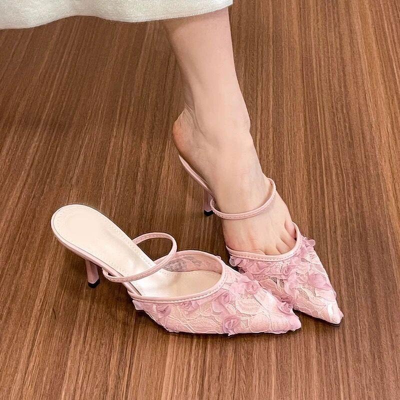 Gentle Pointed Head with Bag Head Thick Heel Half Slippers Outer Wear Women's 2025 Spring and Summer New Fashion Mesh Cool Slippers