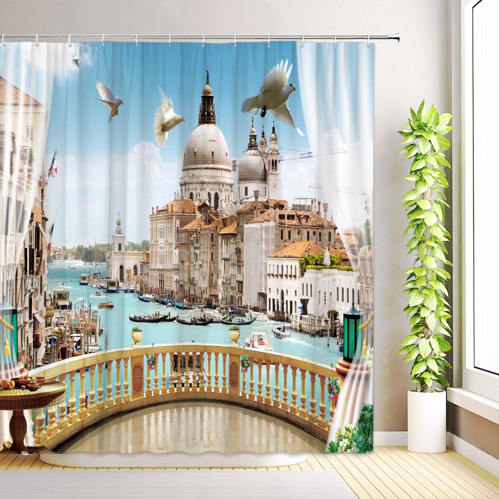Tropical Ocean Scenery Shower Curtains Palm Tree Flowers Plants Nature Forest Waterfall Outdoor Garden Bathroom Decor with Hooks