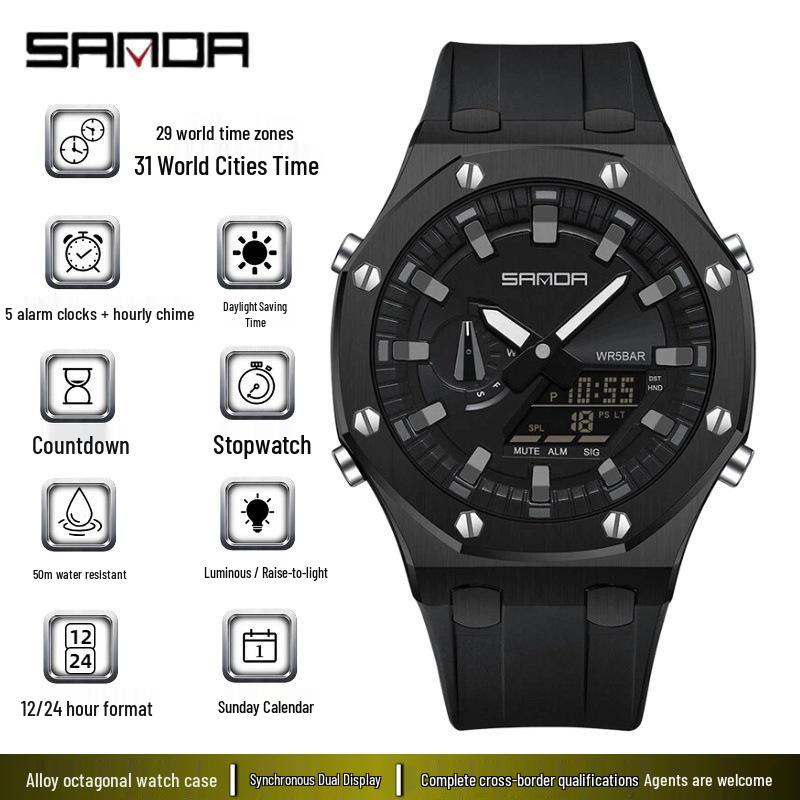 Sanda Octagonal Multifunctional Luminous Waterproof Men's Watch