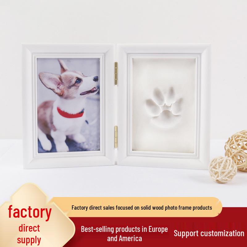 Pet Paw Print DIY Ink Pad & Photo Frame - Dog & Cat Souvenir Natural Wood Frame