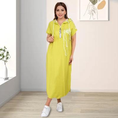 Summer Maxi Dress Zippered Hooded Drawstring Short Sleeves Loose Spit Hem Printed Patchwork Casual Daily Wear Long Dress