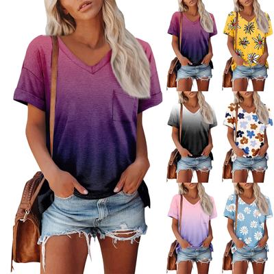 Damen T-Shirts Kurzarm V-Ausschnitt Shirts Niedliche Passform Sommer Casual Tee Tops
