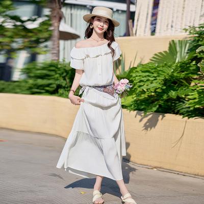Summer Beautiful Suit Women's New Relaxed Ruffle Edge One-word Shoulder Top Skirt Two-piece Set