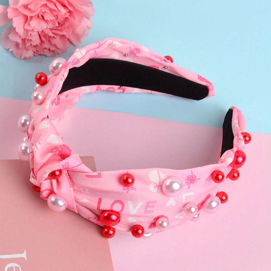 Red Pearl Fabric Headband Valentine's Day Party Gift Love Letter Heart Hair Accessories Women's Headband