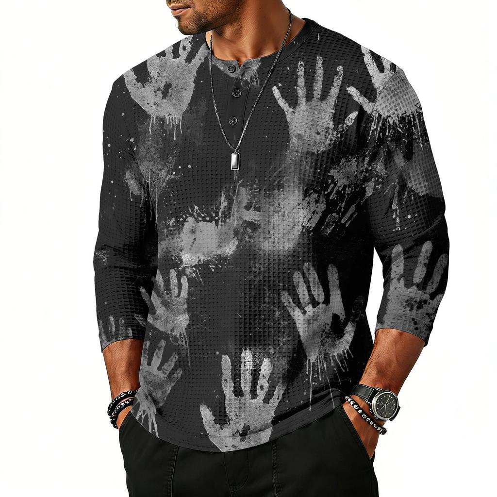 Men's Casual Halloween Print Henley Shirt Raglan Three Quarter Sleeve Top Lightweight Breathable Fabric Comfortable Fit