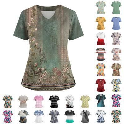 Damen locker kurzärmlig modisch geometrischer Druck von Pflanzen und Blumen Druck V-Ausschnitt knopfbar Seitenschlitz Oberteil T-Shirt