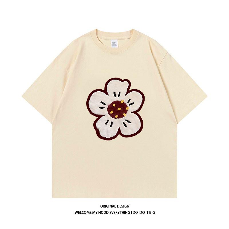 Pure Cotton Designstyle Plush Flowerprint Shortsleeved Simple And Versatile Loosefitting Casual Roundneck Tshirt