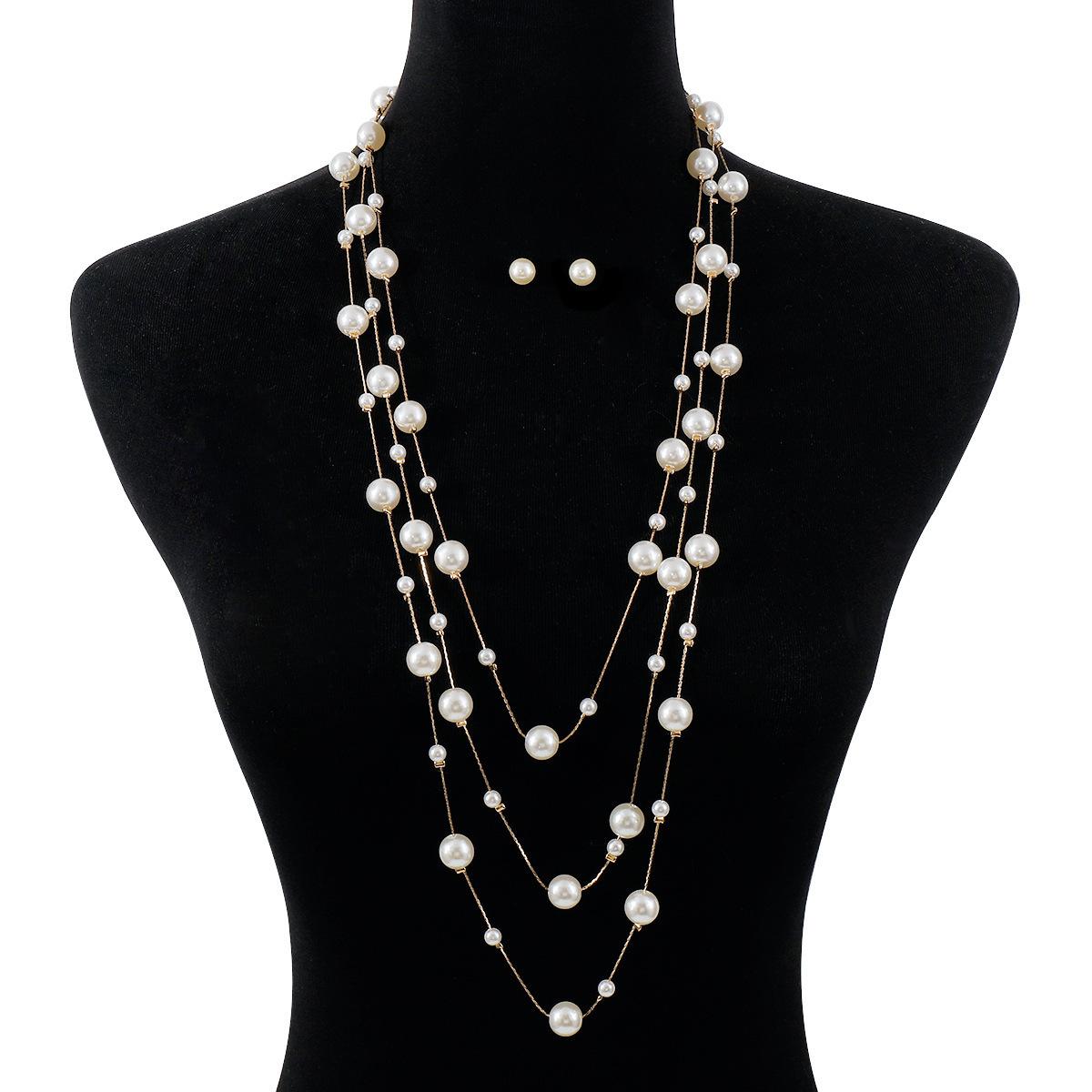 

French new light luxury pearl multi-layer necklace, elegant small fragrant design earrings neck chain