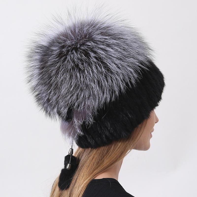 Knitted Hat With Mink And Pompom Natural Fox Fur Winter Warm Hats For Women Real Fur Beanie