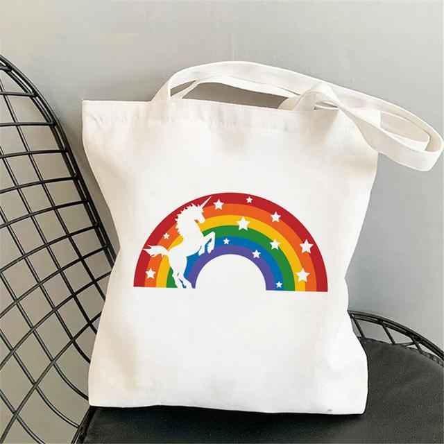 Cute Rainbow Shopping Bags Eco Shopper Canvas Jute Bag Reusable Woven Bag Funny Women'S Shoulder Bags Kawaii Girls