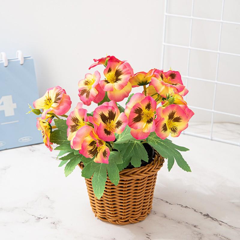 Artificial Pansy Flower Decorative Bouquet Small Home Ornament Silk Floral Arrangement Purple Orange 17cm