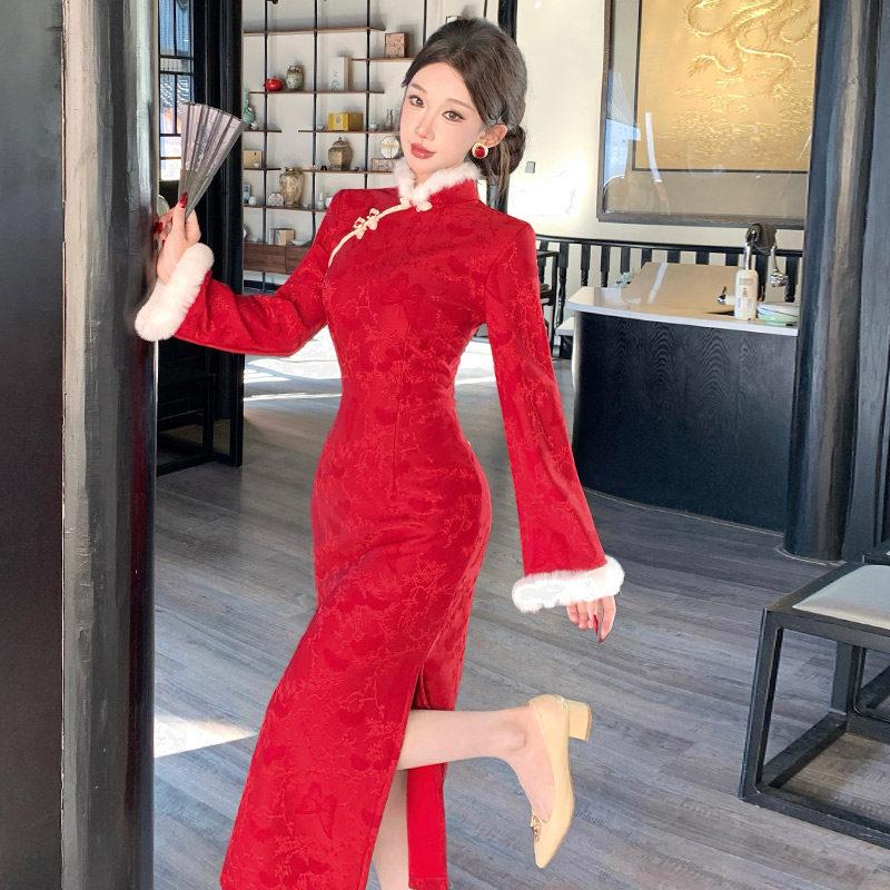 Red velvet winter clothing national style new Chinese long-sleeved improved cheongsam winter thick women's young New Year's clothing