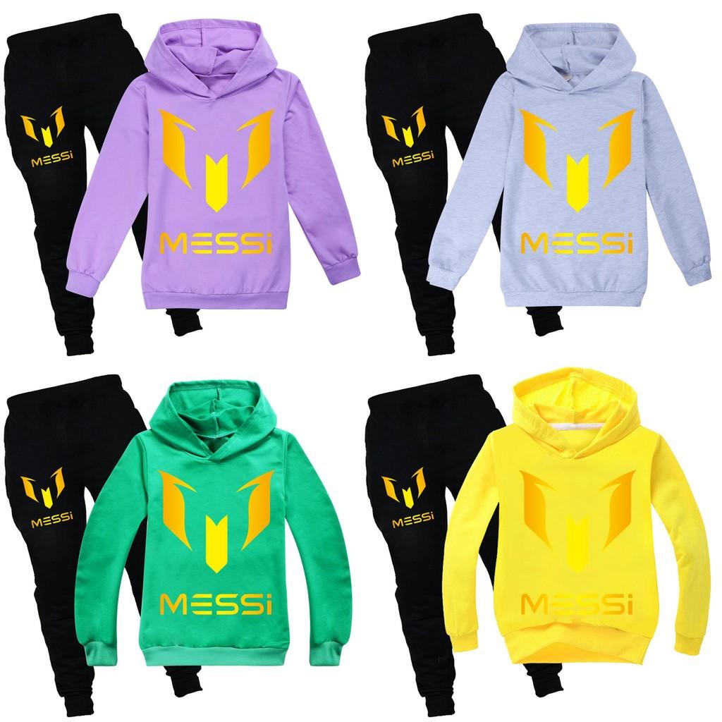 Messi Letter Print Cartoon Kids Hoodie And Pants Set With Cotton Fabric