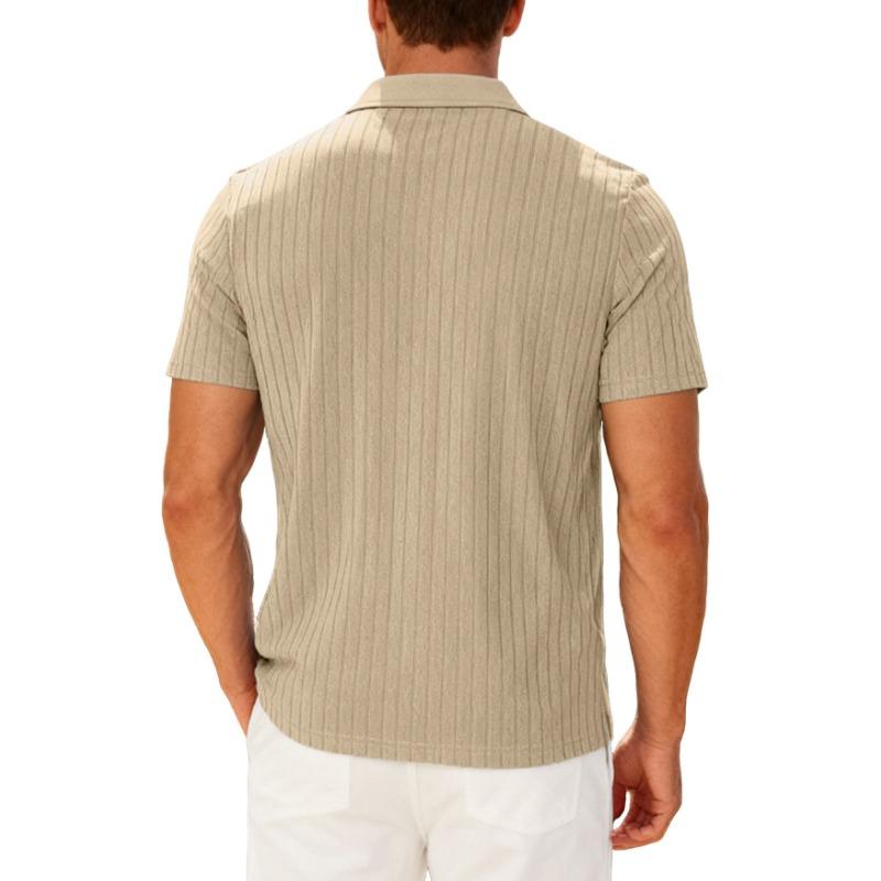Men's New Summer Casual Breathable Terry Jacquard Lapel Striped Short Sleeve Shirt