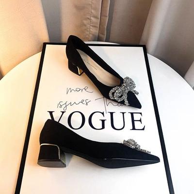 Black High Heels Women's Spring Summer French 2025 New Suede Pointed Thick Heel Single Shoes Rhinestone Temperament Occupation