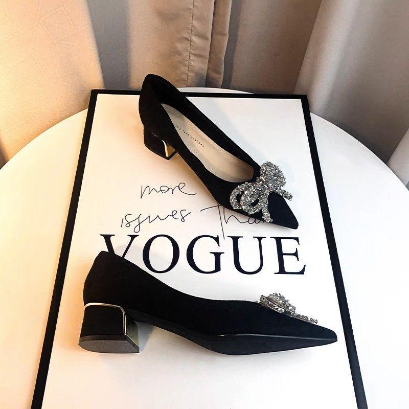 Black high heels women's spring summer French new suede pointed thick heel single shoes rhinestone temperament occupation