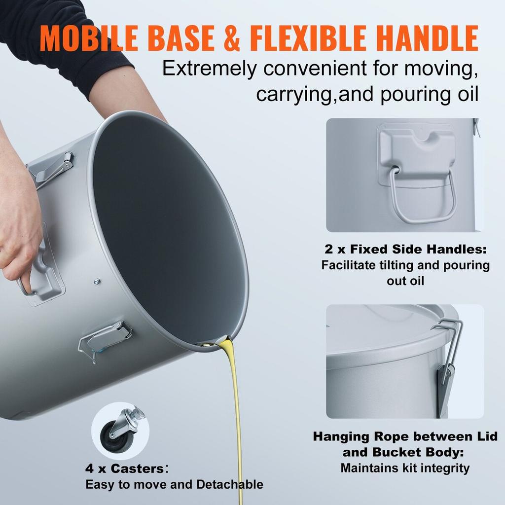 Fryer Grease Bucket, 8 Gal Oil Disposal Caddy with Caster Base, Carbon Steel with Rust-Proof Coating, Oil Transport Container with Lid, Lock Clips,