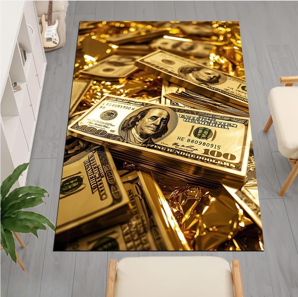 Living Room Rug 3D Gold Coin Wealth Theme Carpet Non-Slip Soft Easy To Clean Durable Trendy Fun Luxury Decor Area Home Decor Mat
