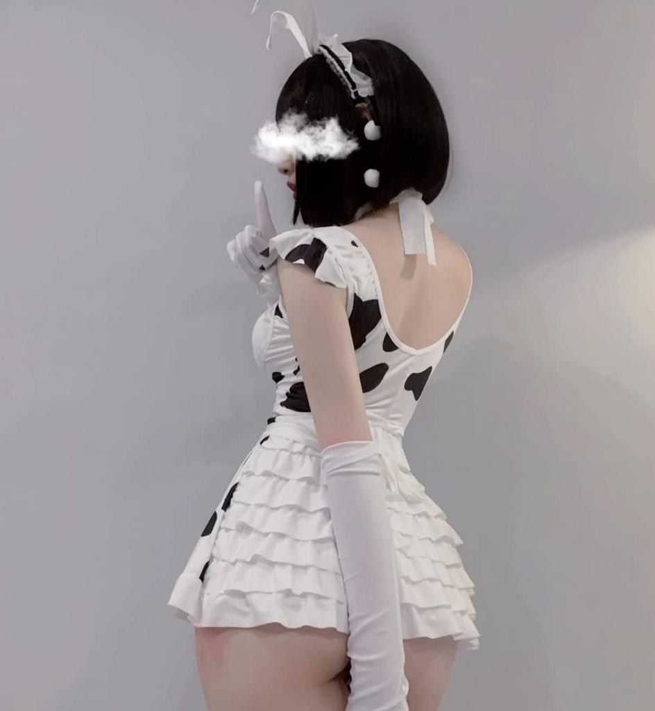 Lady Lazy Sexy Dairy Cow Maid Cosplay Costume, Perfect for Photoshoots, Mini Dress, White and Black Cow Print, Includes Knee-High Socks