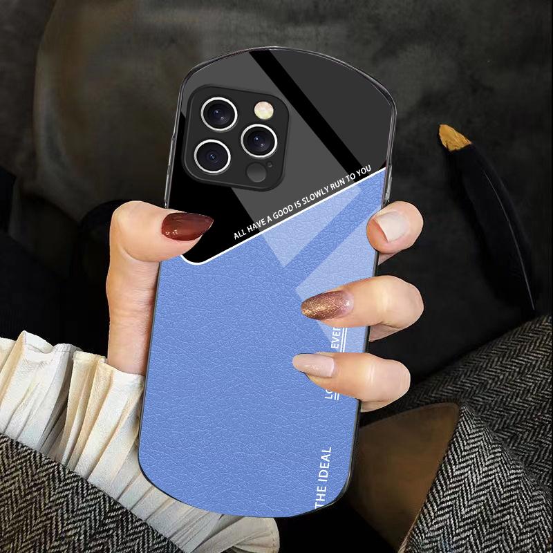 Leather Element Blue For IPhone 16e 16 Pro Max 11 12 Mini 13 14 P Lus 15 Plus 7 8 Se 2020 Elliptical Tempered Glass Phone Case