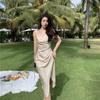 French Blue Suspender Dress Satin Texture Slim and Thin Temperament Women's Summer Dress Design Sense Niche Long Dress