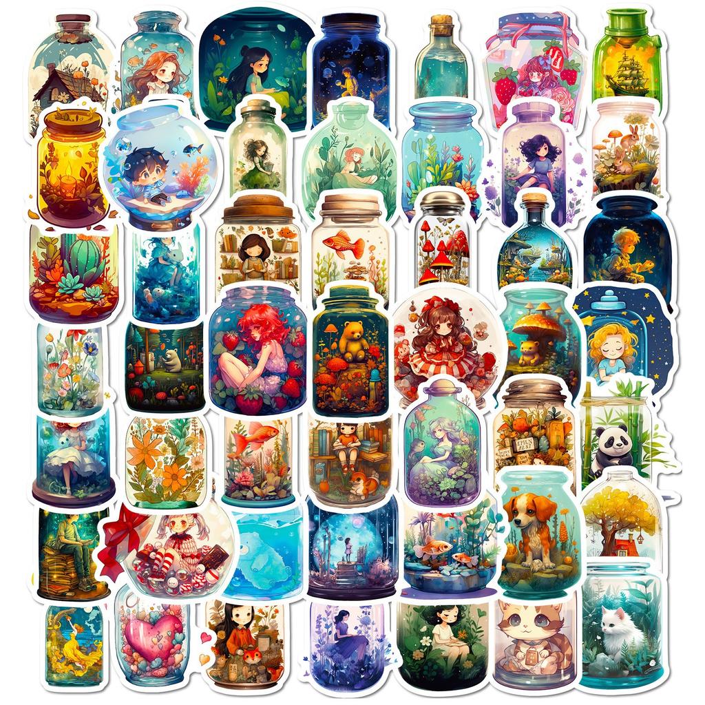 50 Bottles with Strange Stickers, Creative Bottles, All Things Dreams, Wish Bottle Series Stickers Material Handbook Stickers