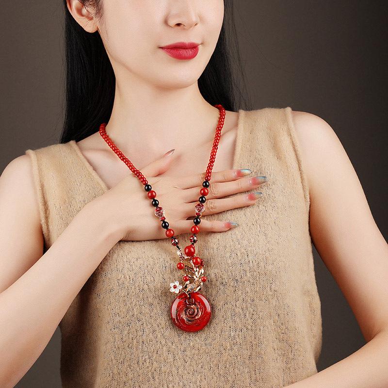 GEMCHIC Women's Vintage Red Glass Fish Pendant Necklace Long Sweater Chain Ethnic Style Jewelry Gift