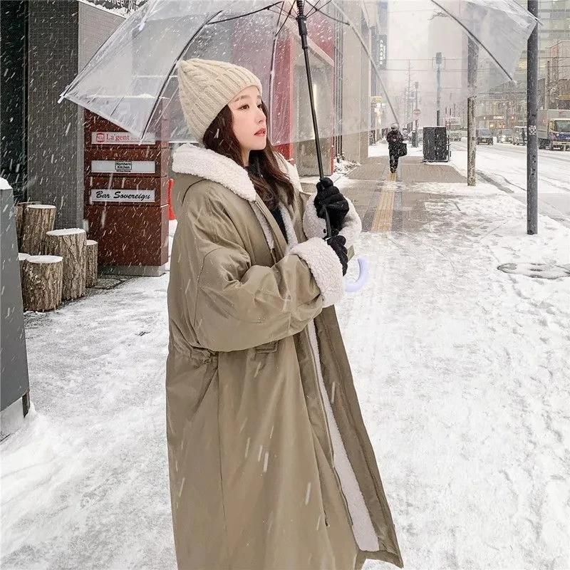 

Lamb Wool Cotton Jacket Women s Loose Winter Plus Velvet Snow Parkas Warm Hooded Coat Casual Female Long Overcoat XS