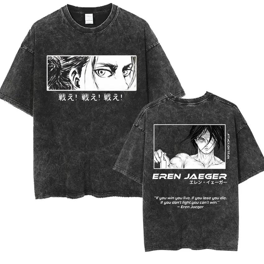 Anime Attack Titan Retro Wash Bedrucktes T-Shirt Mikasa Ackerman Eren Jaeger Freie Flügel Muster Herren Sommer T-Shirt
