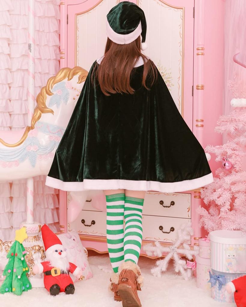 Milky Time 3-Piece Christmas Santa Costume Set for Women, Adult Santa Claus with Poncho Sleeves (Green, Size M)