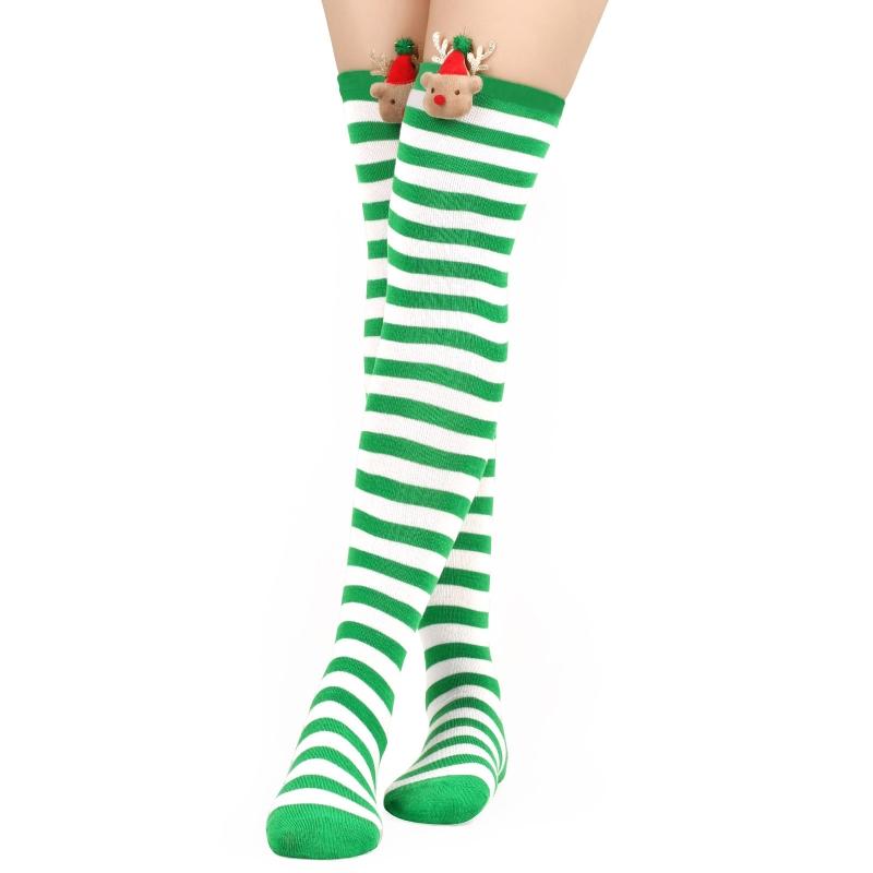 Women Christmas Over Knee Long Socks Cartoon 3D Elk Bowknot Striped Print Thigh High Stockings Holiday Party Hosiery