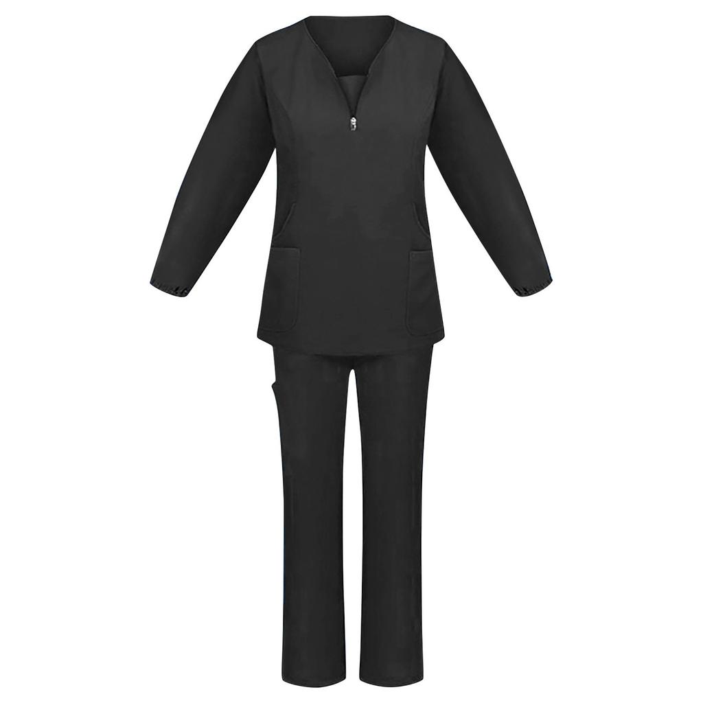 Women's Long Sleeve V Neck Solid Color Chest Pocket Work Top Elastic Waist Pants Two Piece Work Set,3 Pockets,Scrubs Tops For Women