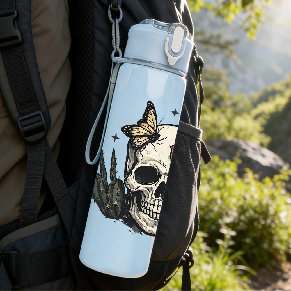 1PC Skull With Red Rose Floral Tattoo Print 750ml Color Plastic Sports Water Bottle Leakproof Flip Straw Lid Suitable for Sports Office Home Use