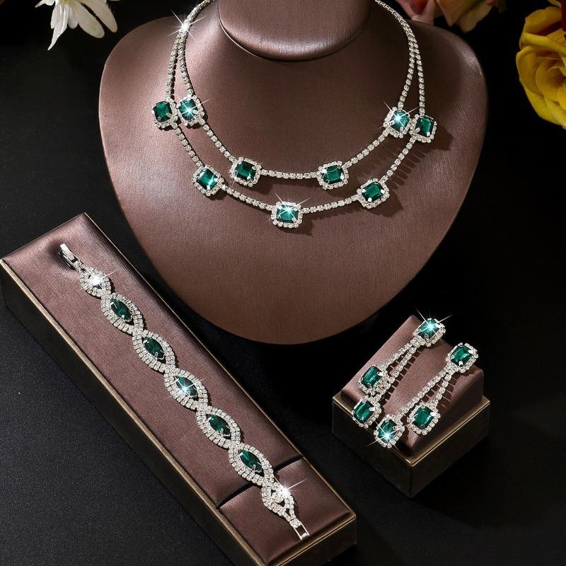 Zircon Square Fringed Earrings, Royal Style Earrings and Necklace, Luxurious Wedding Accessory