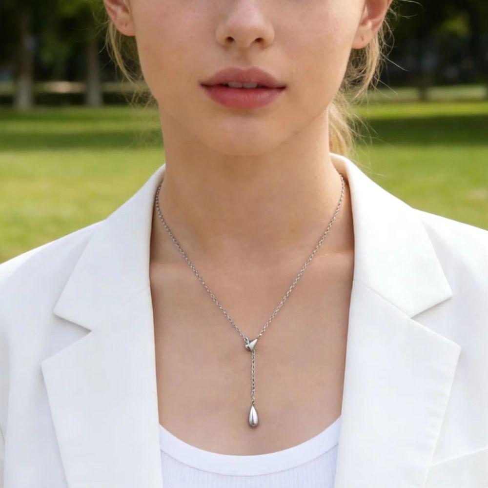 Y-shaped Water Drop Tassel Necklace Titanium Steel Metal Necklace Collarbone Chain  Jewelry Gifts