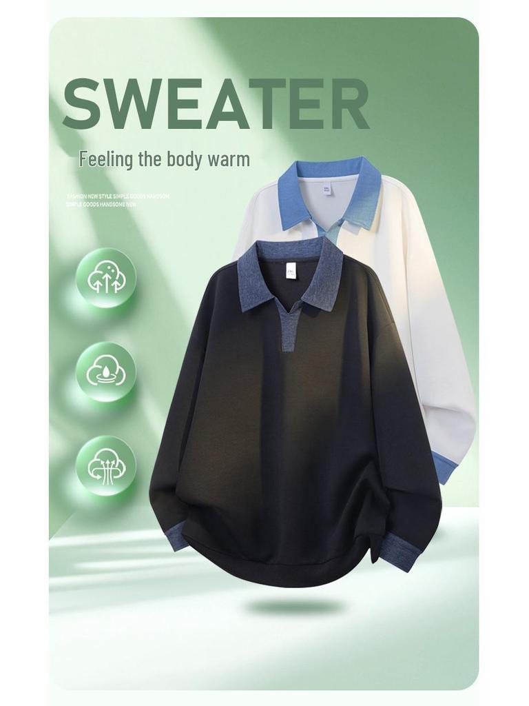 Men's Autumn Spliced Trendy Long-Sleeve Shirt Collar Sweatshirt