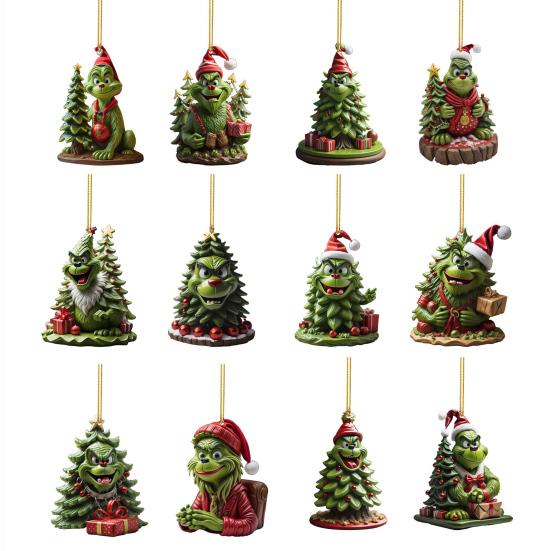 Green Elf Christmas Tree Ornament 2D Flat Acrylic Car Rear Mirror Charm Cartoon Elf Christmas Tree Hanging Pendant for Holiday Tree Window Wall Decor