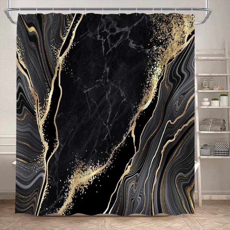 Abstract Marble Shower Curtains Black Green Textured Gold Crackle Modern Geometric Pattern Bathroom Curtain Decor Set with Hooks