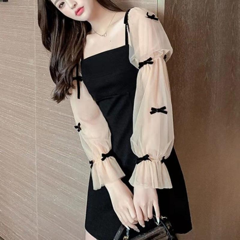 YYFS Women's Fashion Spring Fall Solid Color Print Long Sleeve Square Collar High Waist Casual Dresses